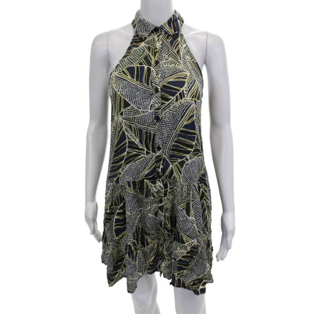 Lavender Brown Women Dark Blue Geometric Shirt Dress Sleeveless Rayon Size XS